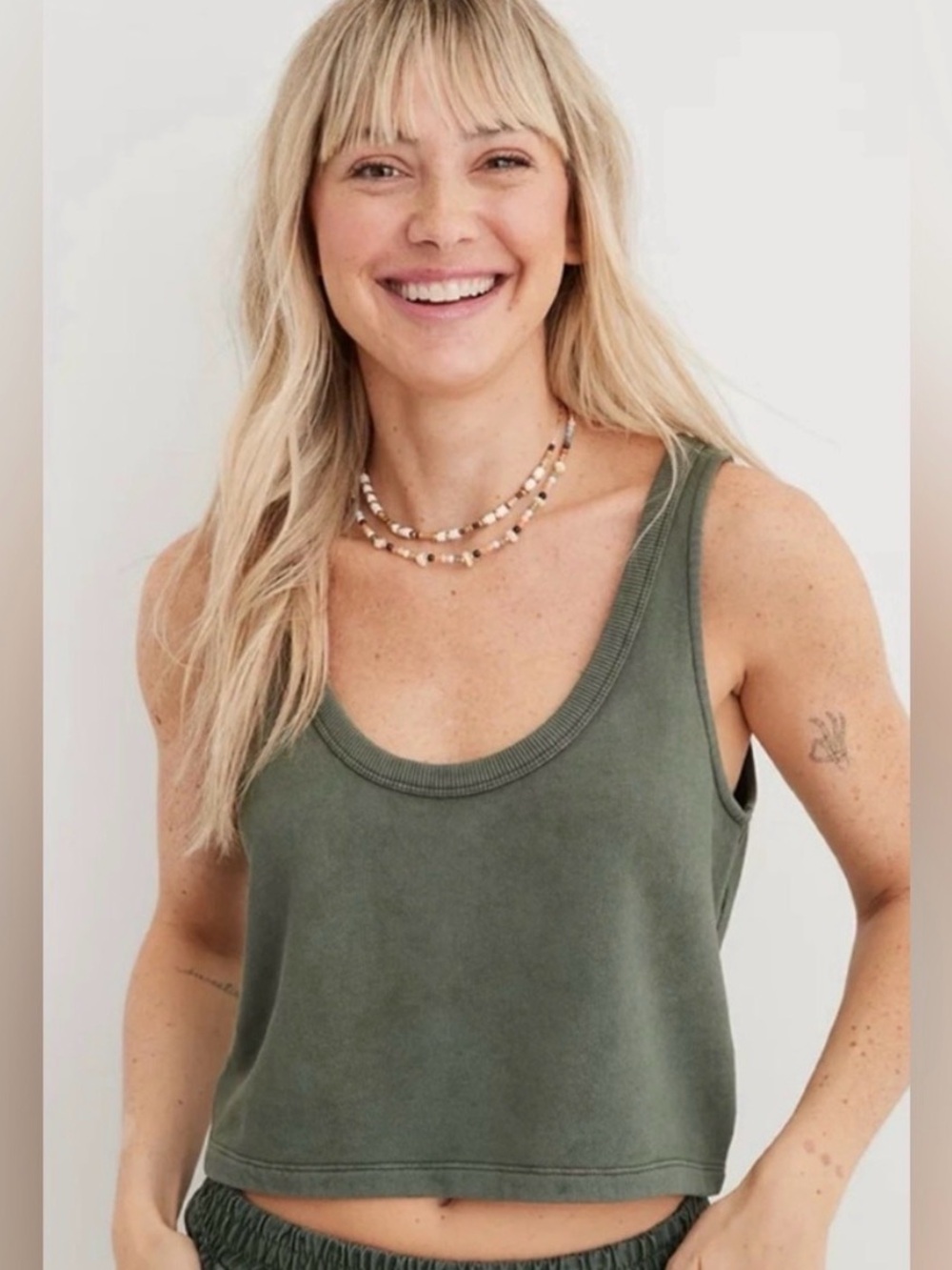 Aerie Weekend Fleece Scoop Neck Cropped Tank Top - Olive Green